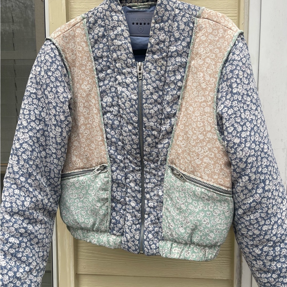 Blank NYC Blue and Cream Floral Puffer Jacket - Picture 2 of 4